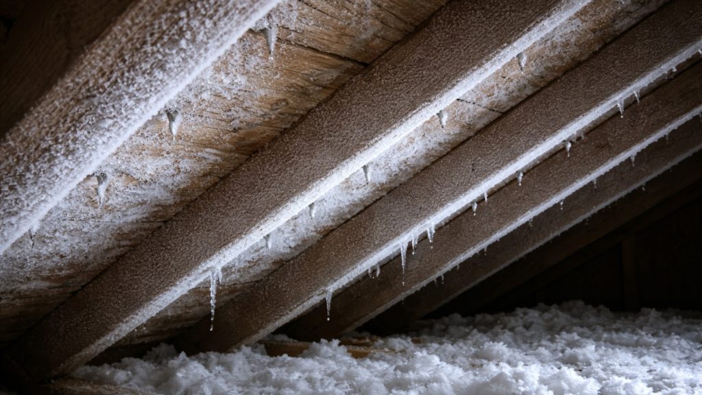 Frost and condensation in attic on roof deck indicating heat loss in residential home in Winnipeg