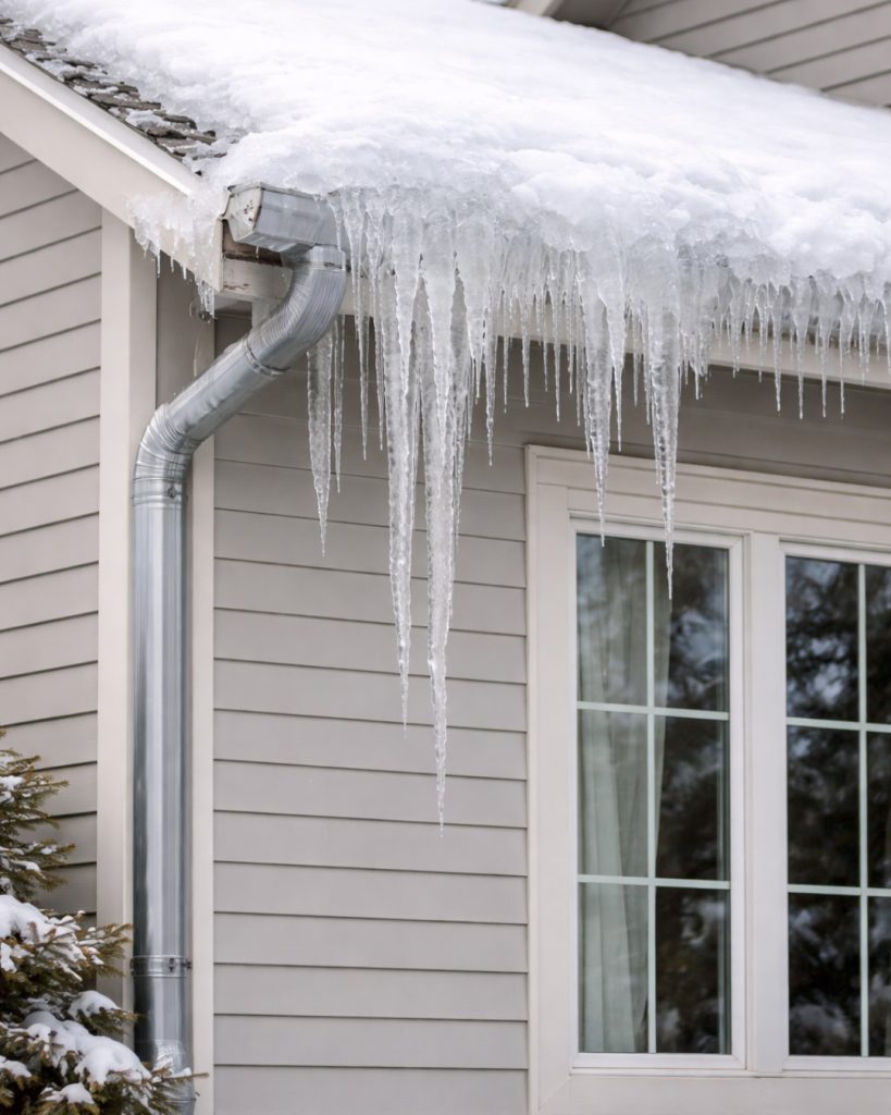 Ice dam with icicles forming on roof eaves in winter