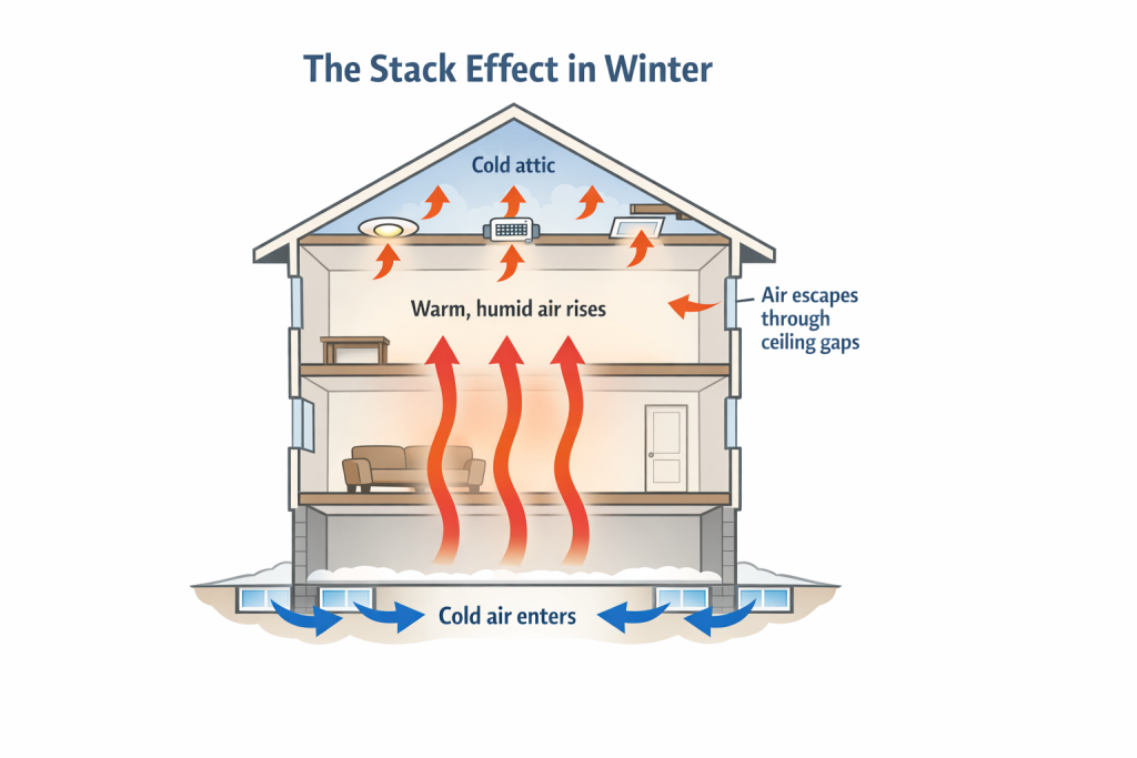 Diagram showing stack effect in home with warm air rising through ceiling and cold air entering basement