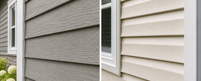 Side-by-side comparison of Hardie board fibre cement siding and vinyl siding on a Winnipeg home