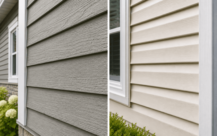 Side-by-side comparison of Hardie board fibre cement siding and vinyl siding on a Winnipeg home