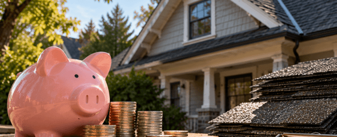 Piggy bank and stacks of coins beside roofing shingles and an estimate clipboard, representing financing options for residential roof replacement in Winnipeg.