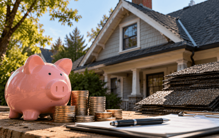 Piggy bank and stacks of coins beside roofing shingles and an estimate clipboard, representing financing options for residential roof replacement in Winnipeg.